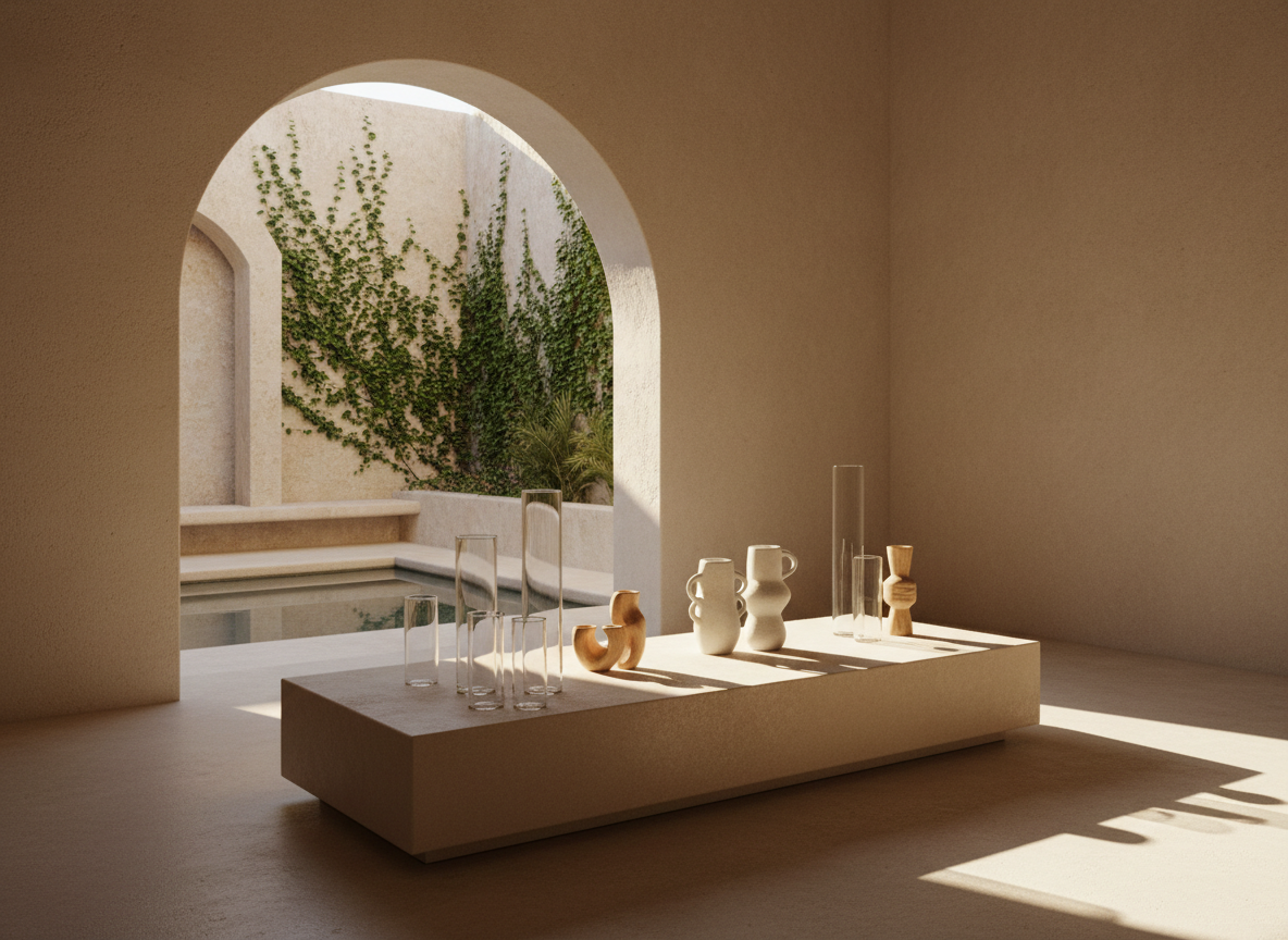 A serene, sunlit concept room for spatial branding, designed with photographic realism. In the foreground, a custom-designed, low display plinth in smooth sand-colored concrete holds a collection of unbranded sculptural objects: tall glass cylinders, matte white vessels, and carved wooden forms. Behind, a large arched opening reveals a Mediterranean-inspired courtyard with climbing vines, a small reflecting pool, and stone seating. Golden hour light washes through the arch, illuminating the room’s limewashed walls and casting delicate plant shadows across the floor. Captured from a slightly elevated angle with an asymmetrical composition, the image highlights how architecture, nature, and art converge into a sophisticated spatial identity, calm yet quietly dramatic.