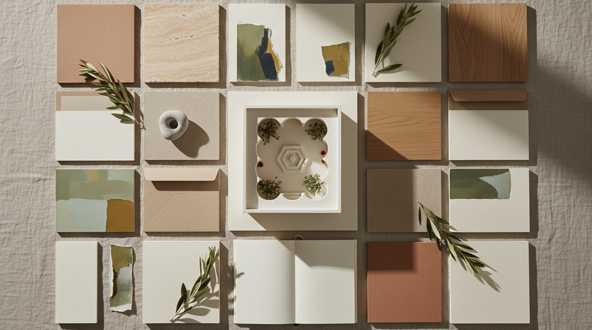 A detailed overhead photographic view of a branding and interior concept flat lay arranged on a broad linen-covered table. Neutral-toned, unmarked stationery, material tiles of travertine, warm oak, and matte clay, and small fragments of abstract art canvases form a harmonious grid. Sprigs of dried olive branches and a single sculptural stone bring in nature, while a miniature 3D model of a Mediterranean courtyard suggests spatial design. Soft morning sunlight enters from the top of the frame, creating gentle gradients, subtle shadows, and a calm, analytical atmosphere. The composition is meticulously ordered yet organic, with sharp focus across the entire image, conveying thoughtful creative direction rooted in architecture and landscape.