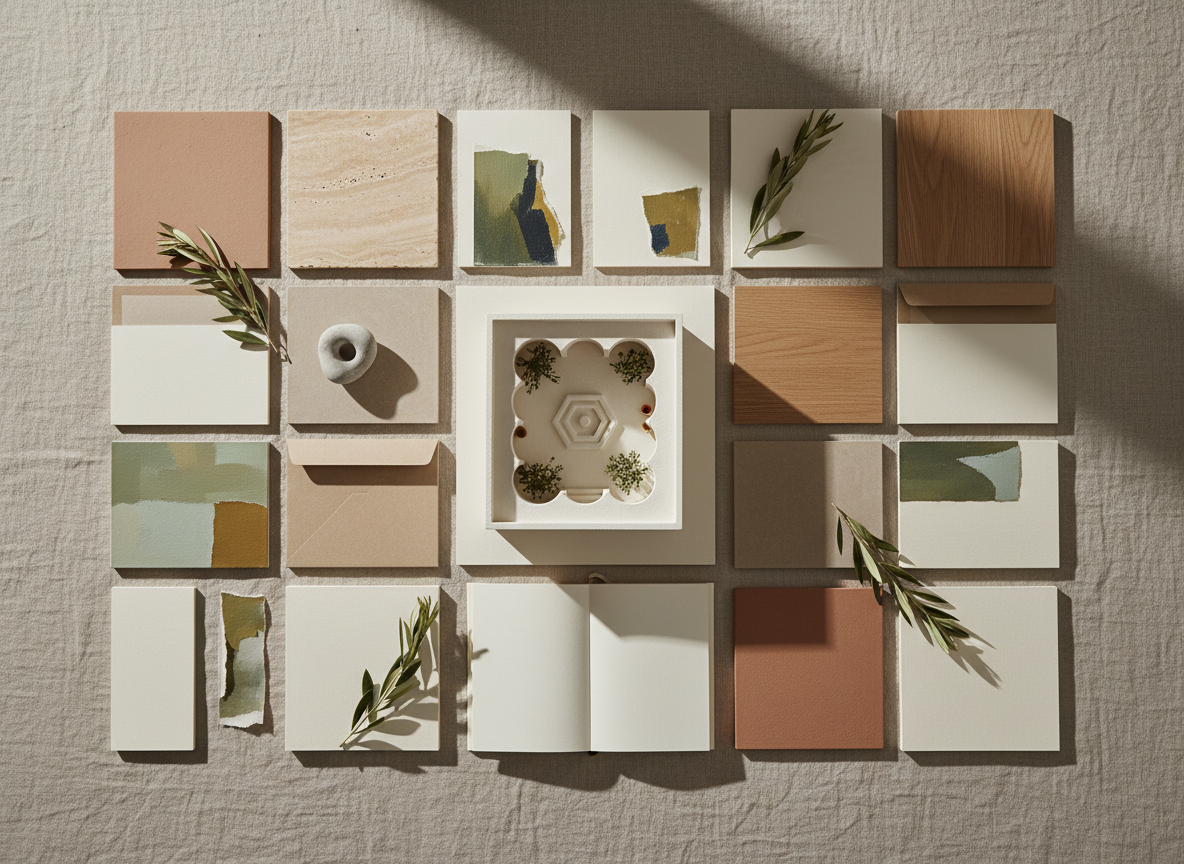 A detailed overhead photographic view of a branding and interior concept flat lay arranged on a broad linen-covered table. Neutral-toned, unmarked stationery, material tiles of travertine, warm oak, and matte clay, and small fragments of abstract art canvases form a harmonious grid. Sprigs of dried olive branches and a single sculptural stone bring in nature, while a miniature 3D model of a Mediterranean courtyard suggests spatial design. Soft morning sunlight enters from the top of the frame, creating gentle gradients, subtle shadows, and a calm, analytical atmosphere. The composition is meticulously ordered yet organic, with sharp focus across the entire image, conveying thoughtful creative direction rooted in architecture and landscape.