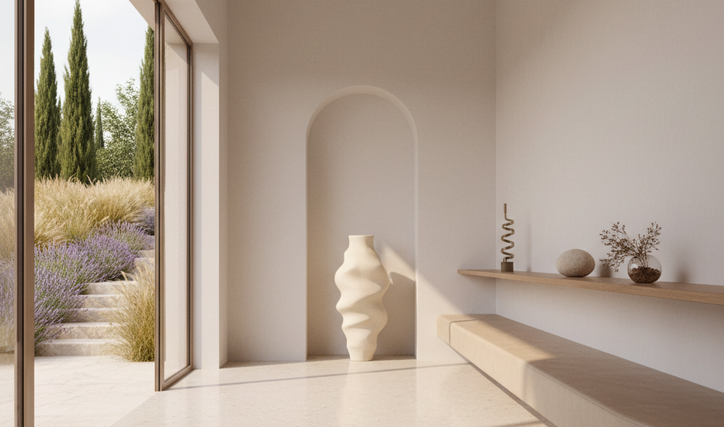 A refined concept space for a boutique brand environment, rendered in photographic realism. The interior features high, whitewashed walls with a single tall, arched niche holding a sculptural, unbranded vessel. A pale terrazzo floor leads to full-height glass doors that open onto a lush Mediterranean garden filled with cypress trees, stone steps, and wild grasses. Warm, indirect daylight bathes the room, creating soft reflections on a curved, sand-colored seating bench and a floating oak display shelf with minimalist objects. Shot from a low angle, the image emphasizes the ceiling height and architectural lines, with a serene, sophisticated mood that showcases spatial design as an extension of brand identity.