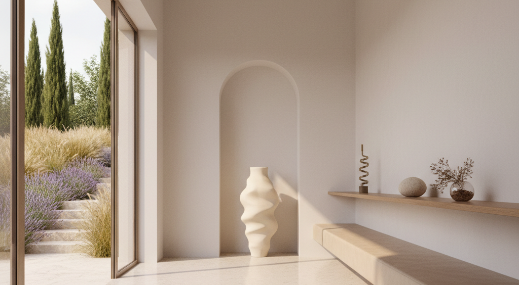 A refined concept space for a boutique brand environment, rendered in photographic realism. The interior features high, whitewashed walls with a single tall, arched niche holding a sculptural, unbranded vessel. A pale terrazzo floor leads to full-height glass doors that open onto a lush Mediterranean garden filled with cypress trees, stone steps, and wild grasses. Warm, indirect daylight bathes the room, creating soft reflections on a curved, sand-colored seating bench and a floating oak display shelf with minimalist objects. Shot from a low angle, the image emphasizes the ceiling height and architectural lines, with a serene, sophisticated mood that showcases spatial design as an extension of brand identity.