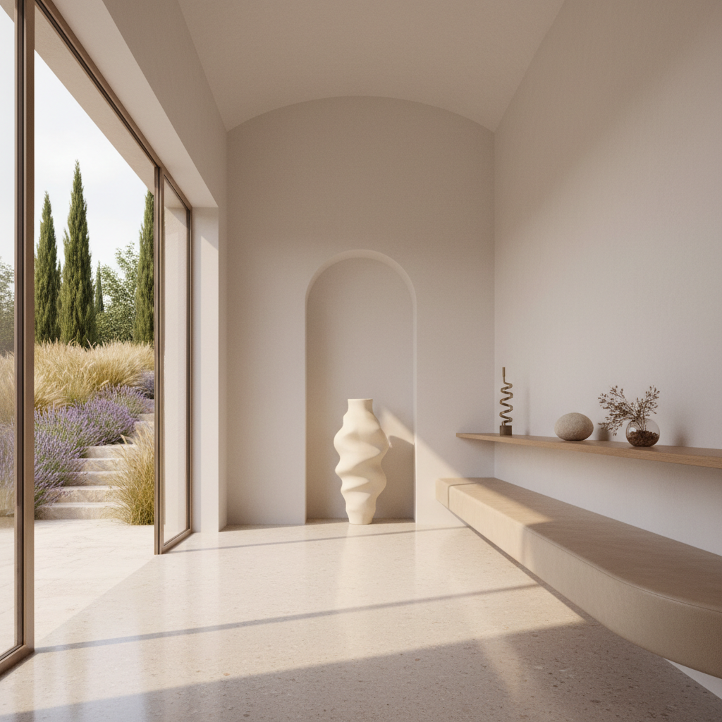 A refined concept space for a boutique brand environment, rendered in photographic realism. The interior features high, whitewashed walls with a single tall, arched niche holding a sculptural, unbranded vessel. A pale terrazzo floor leads to full-height glass doors that open onto a lush Mediterranean garden filled with cypress trees, stone steps, and wild grasses. Warm, indirect daylight bathes the room, creating soft reflections on a curved, sand-colored seating bench and a floating oak display shelf with minimalist objects. Shot from a low angle, the image emphasizes the ceiling height and architectural lines, with a serene, sophisticated mood that showcases spatial design as an extension of brand identity.