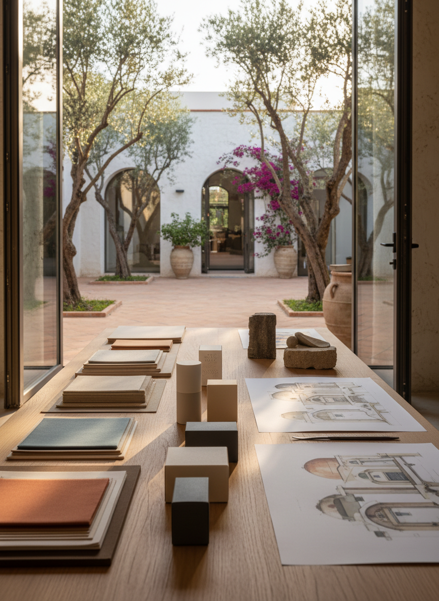 A meticulously curated branding studio workspace viewed in photographic realism, featuring a long oak table with neatly arranged material samples, minimalist unmarked packaging, and architectural sketches inspired by Mediterranean villas. The space opens onto a sunlit courtyard with terracotta tiles, whitewashed walls, and lush olive trees visible through tall glass doors. Late afternoon natural light pours in, creating soft, elongated shadows and warm highlights on textured paper and stone surfaces. The composition is shot at eye level with a slight angle, using a shallow depth of field to keep the table in crisp focus while the garden and sculptural objects blur into a serene, sophisticated backdrop, evoking calm creative direction rooted in architecture, art, and nature.