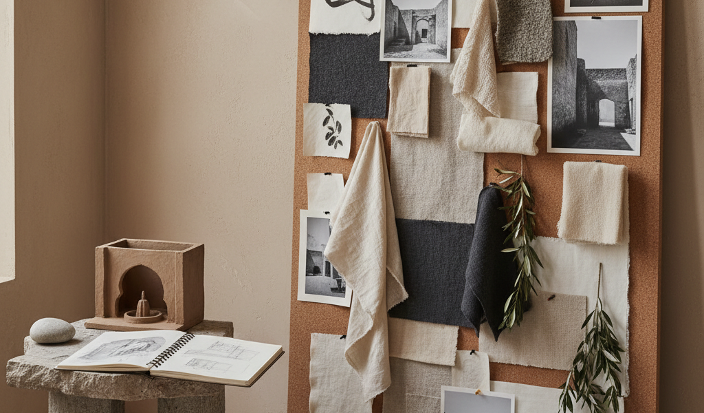 A contemplative corner of a creative direction studio, captured in photographic realism. A large, unmarked moodboard leans against a textured plaster wall, covered with pinned fabric pieces in earthy neutrals, monochrome photographs of Mediterranean facades, abstract brushstrokes, and pressed leaves. A sculptural stone side table beside it holds an open sketchbook, a smooth river rock, and a small clay model of a courtyard. Soft, overcast daylight filters in from an unseen window, giving the scene a gentle, even illumination and faint shadows. Framed at eye level with an intimate, close-cropped composition, the mood is introspective and sophisticated, showing the quiet process behind crafting branding and spatial narratives from architecture, art, and nature.