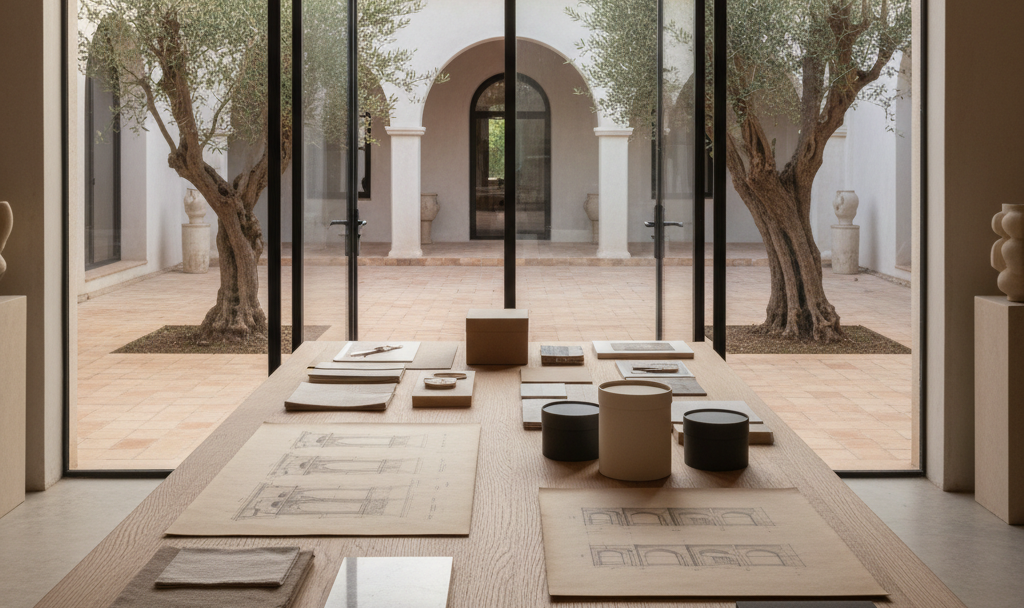A meticulously curated branding studio workspace viewed in photographic realism, featuring a long oak table with neatly arranged material samples, minimalist unmarked packaging, and architectural sketches inspired by Mediterranean villas. The space opens onto a sunlit courtyard with terracotta tiles, whitewashed walls, and lush olive trees visible through tall glass doors. Late afternoon natural light pours in, creating soft, elongated shadows and warm highlights on textured paper and stone surfaces. The composition is shot at eye level with a slight angle, using a shallow depth of field to keep the table in crisp focus while the garden and sculptural objects blur into a serene, sophisticated backdrop, evoking calm creative direction rooted in architecture, art, and nature.