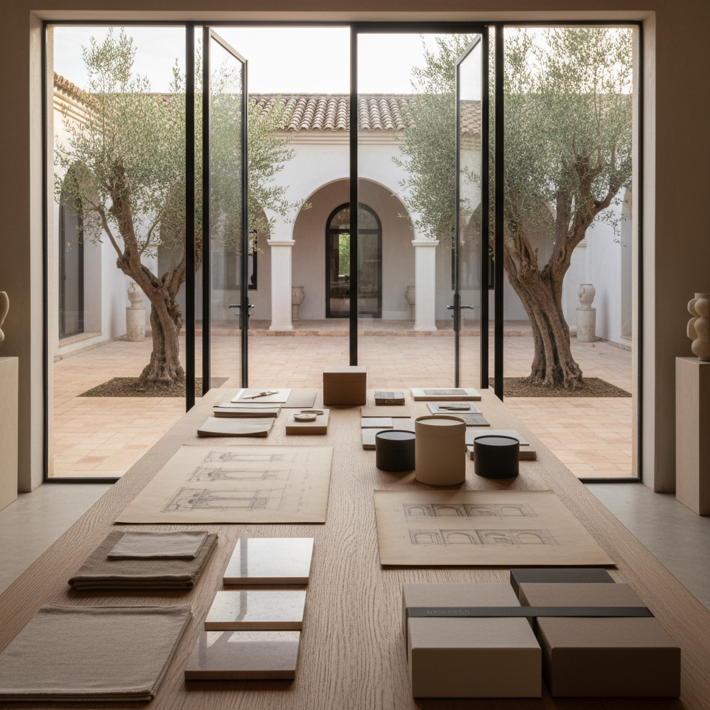 A meticulously curated branding studio workspace viewed in photographic realism, featuring a long oak table with neatly arranged material samples, minimalist unmarked packaging, and architectural sketches inspired by Mediterranean villas. The space opens onto a sunlit courtyard with terracotta tiles, whitewashed walls, and lush olive trees visible through tall glass doors. Late afternoon natural light pours in, creating soft, elongated shadows and warm highlights on textured paper and stone surfaces. The composition is shot at eye level with a slight angle, using a shallow depth of field to keep the table in crisp focus while the garden and sculptural objects blur into a serene, sophisticated backdrop, evoking calm creative direction rooted in architecture, art, and nature.