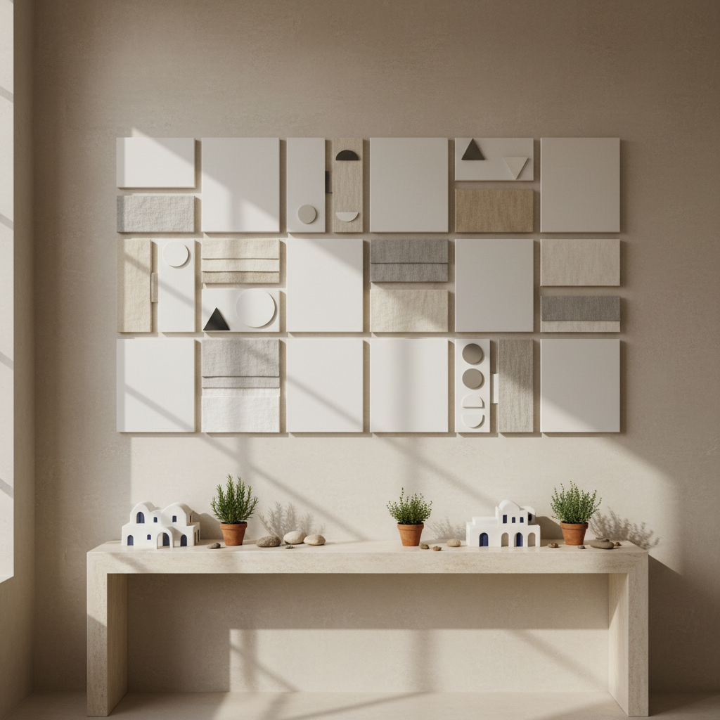 An elegant branding concept wall inside a refined creative studio, captured in photographic realism. A pale limestone wall displays an organized arrangement of blank canvas boards, fabric swatches, and monochrome geometric shapes, suggesting logos and visual systems without showing text. Below, a minimalist travertine console holds ceramic models of Mediterranean-style buildings, small potted herbs, and stones collected from a coastal garden. Soft, diffused daylight enters from a high side window, creating gentle gradients of light and shadow. The mood is contemplative and sophisticated. Framed with rule-of-thirds composition, the camera is straight-on, emphasizing clean lines, negative space, and spatial design as an extension of branding and creative direction.