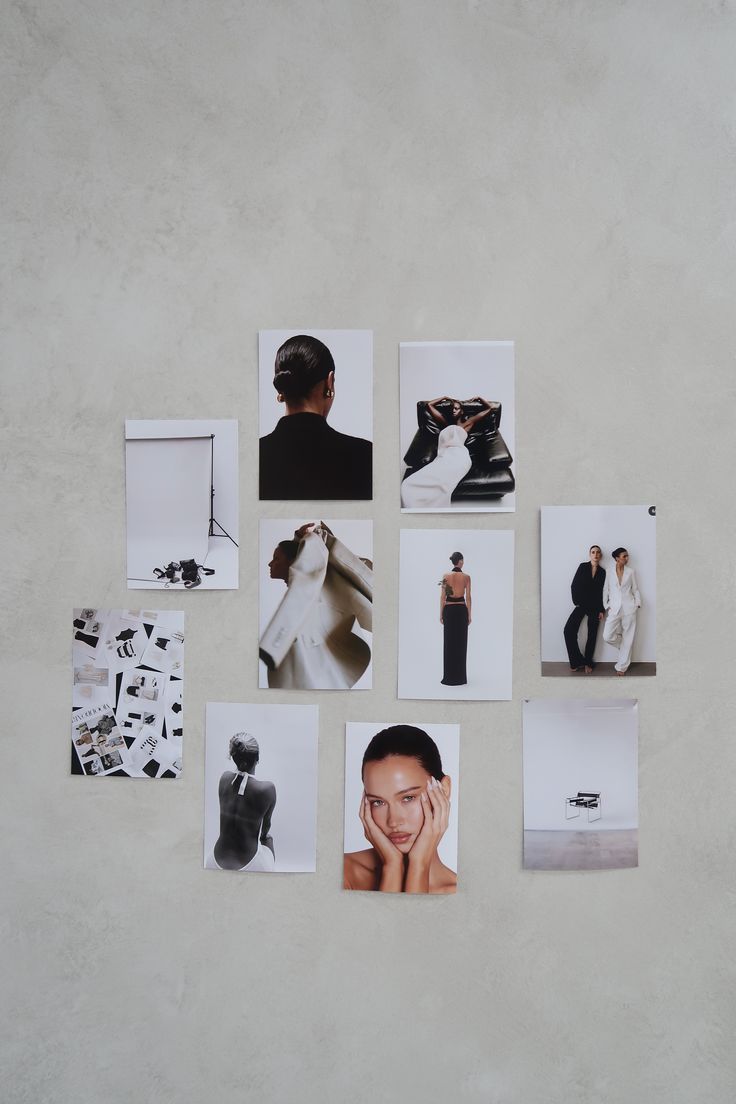 Collage de fotografías de modelos y moda sobre un fondo gris.