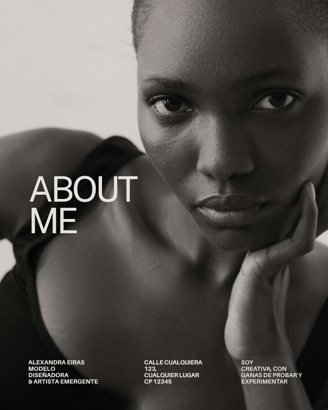 Retrato en blanco y negro de una mujer con una expresión contemplativa, con el texto 'ABOUT ME' y detalles sobre su profesión y dirección.