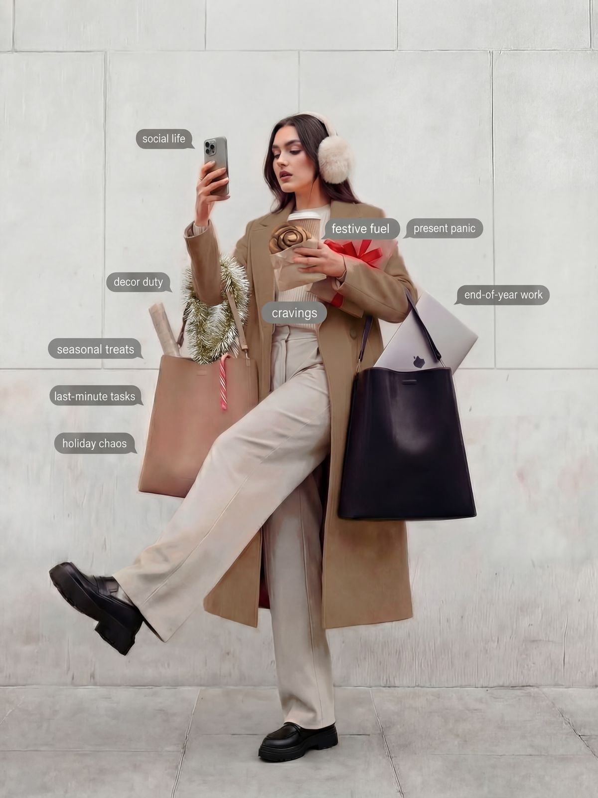 Modelo sosteniendo bolsas de compras y una bebida en un entorno urbano, rodeada de etiquetas relacionadas con el estrés de las fiestas.
